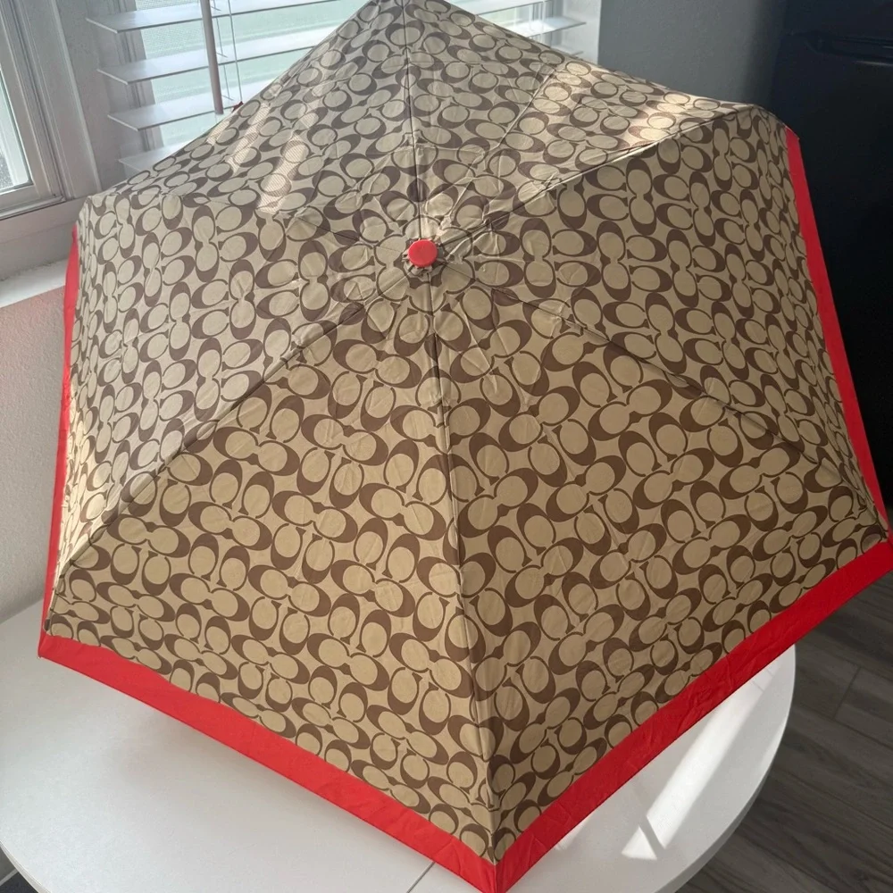Coach Brown Signature 'C' Folding Umbrella with Red Trim - Picture 2 of 4